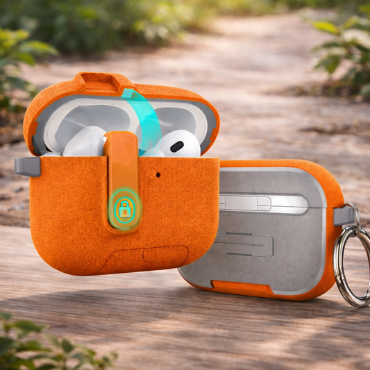 Orange case with keychain and Apple AirPods on a wooden surface