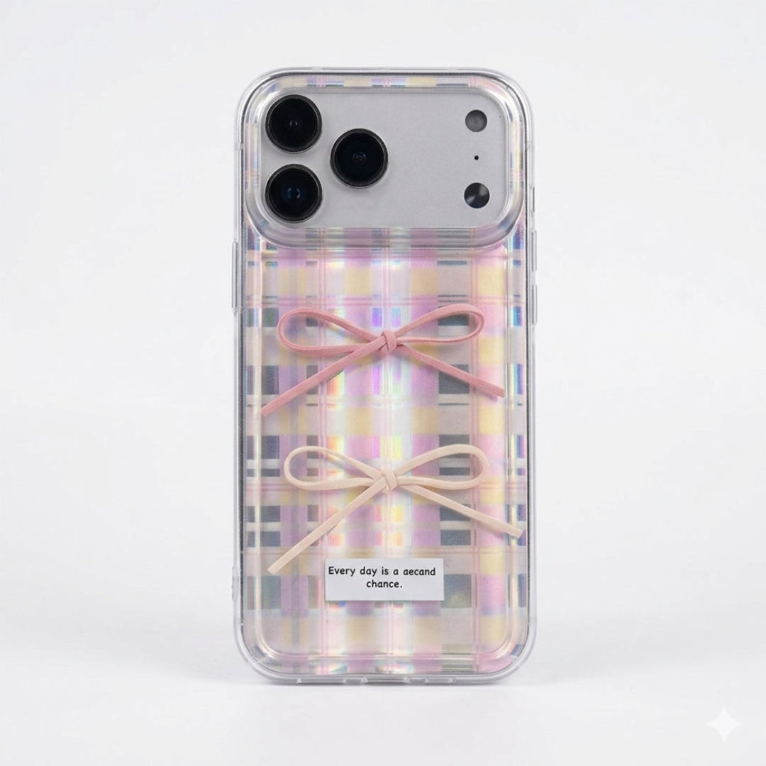 Phone case with plaid design and pink bow on a white background