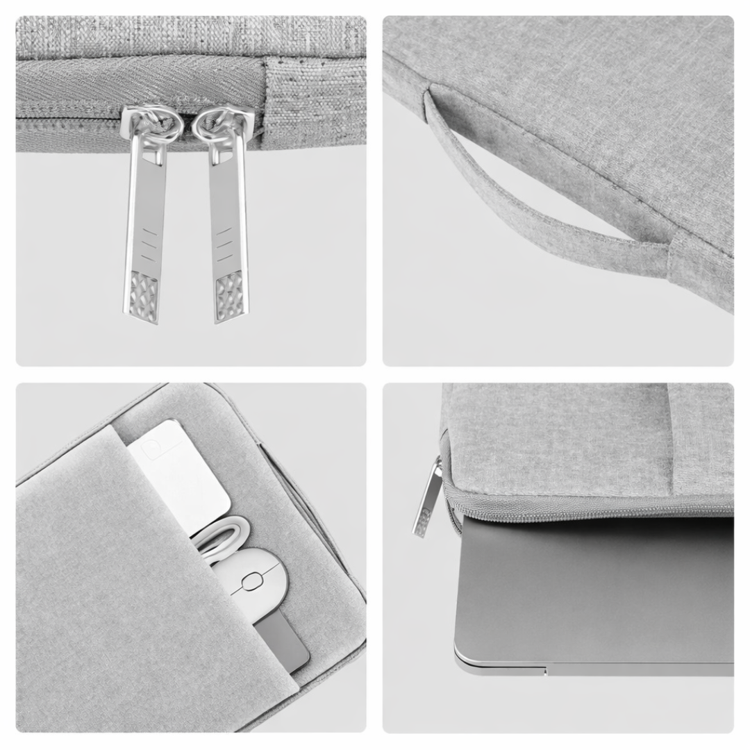 Collage of a gray laptop sleeve with zipper details on a white background