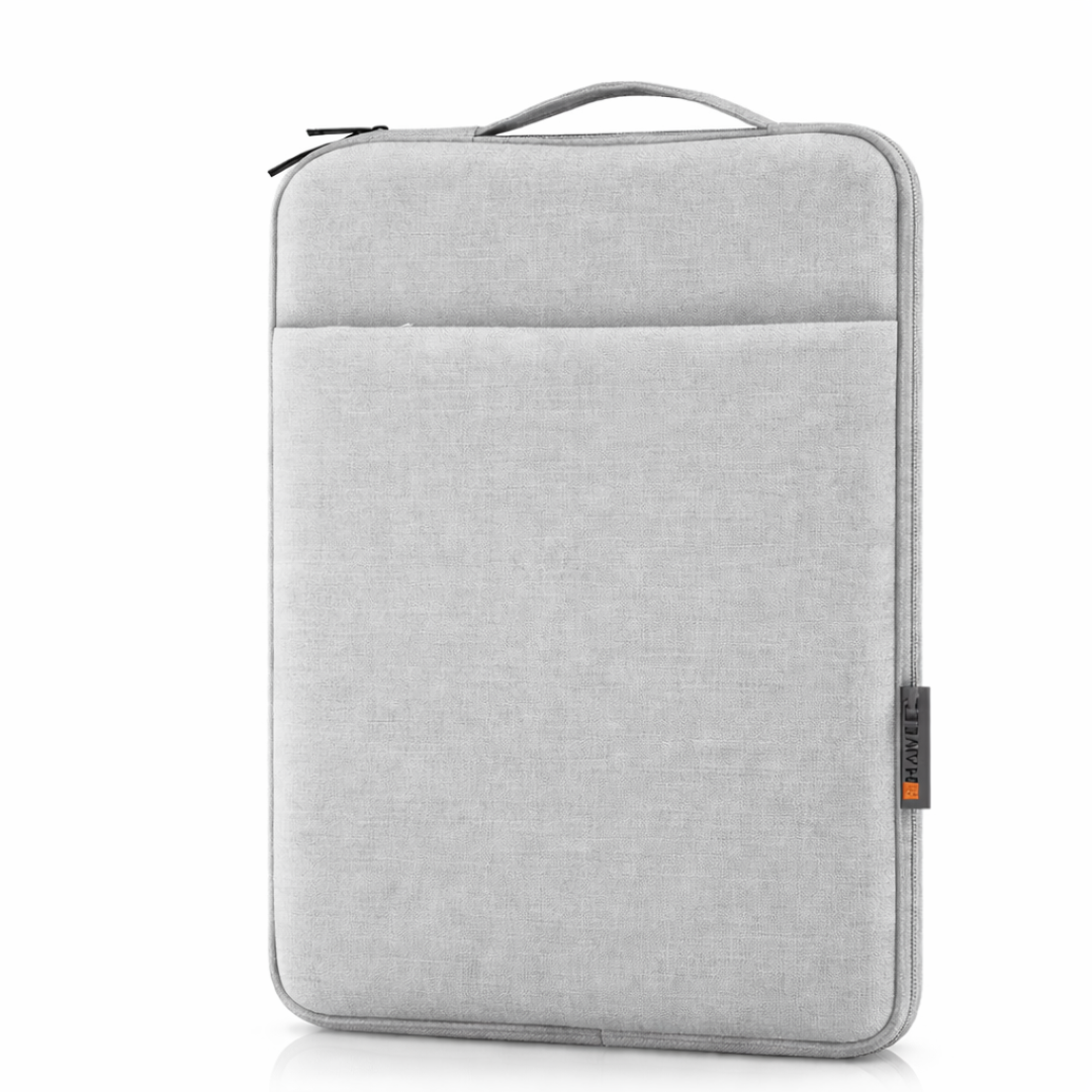 Gray laptop sleeve with a zipper on a white background