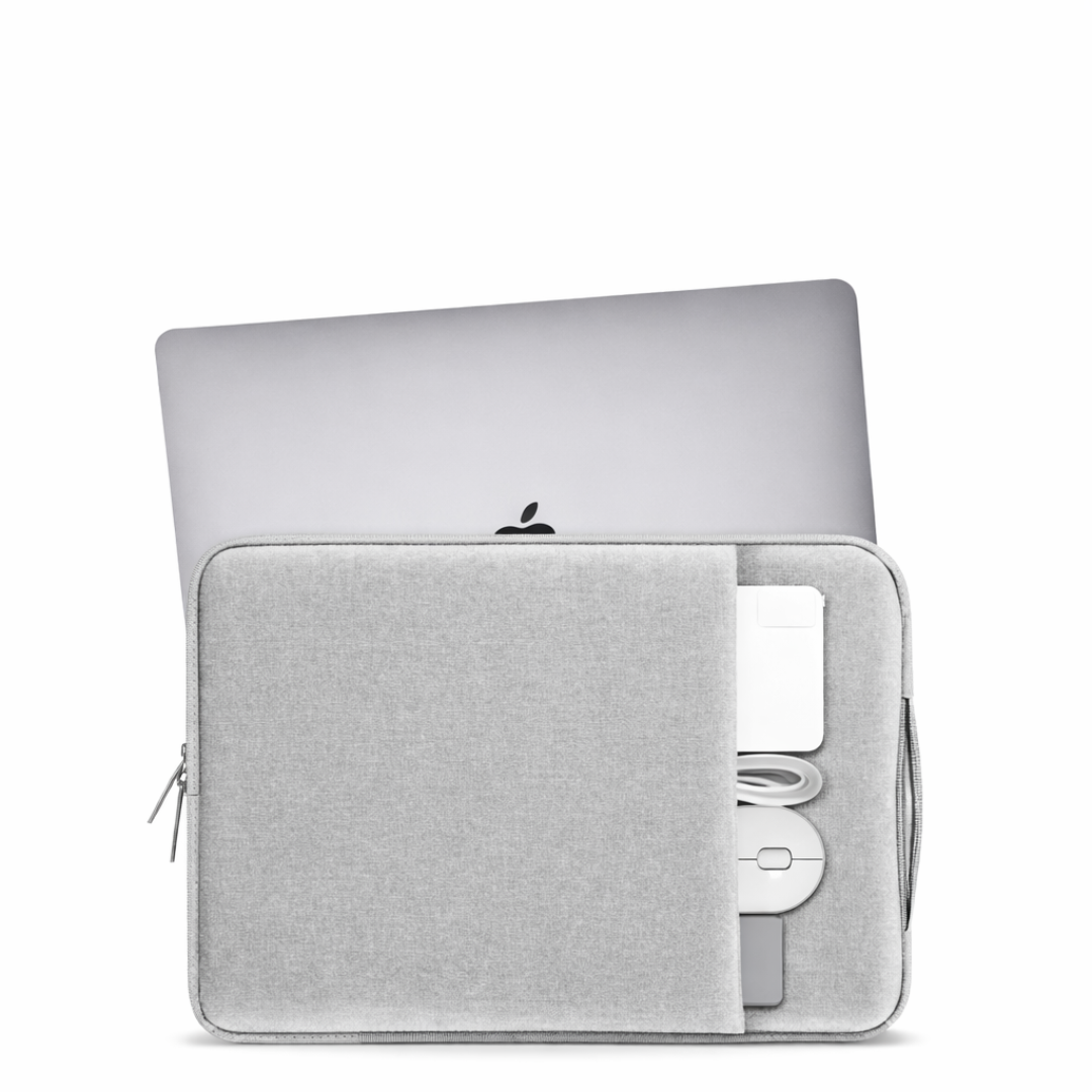 Laptop with a gray sleeve and Apple logo on a white background