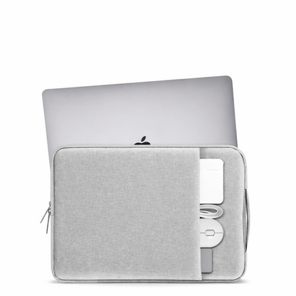 Laptop with a gray sleeve and Apple logo on a white background