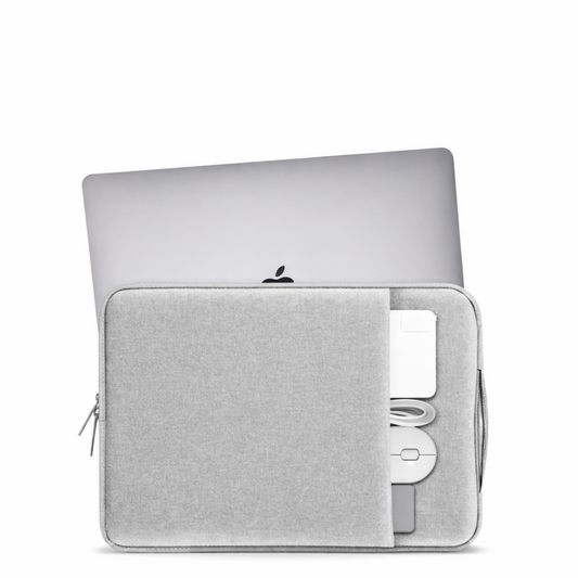 Laptop with a gray sleeve and Apple logo on a white background