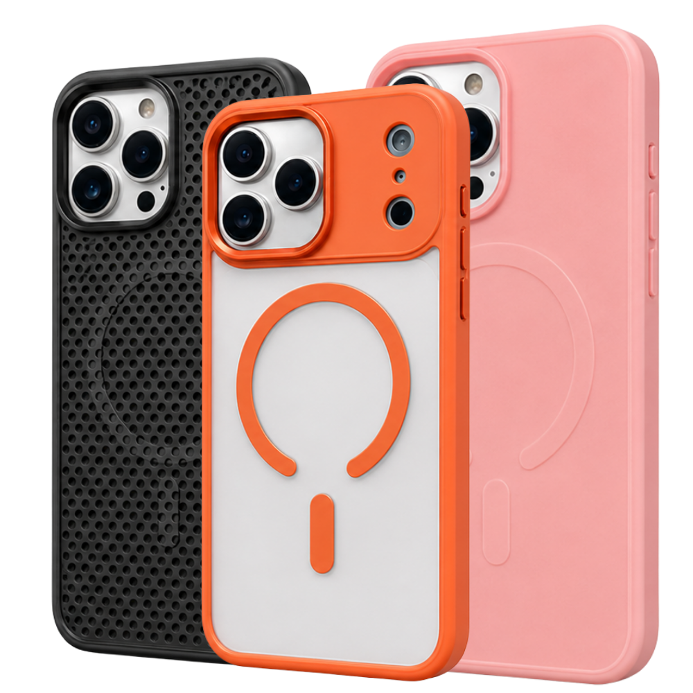 Three phone cases in black, orange, and pink on a white background