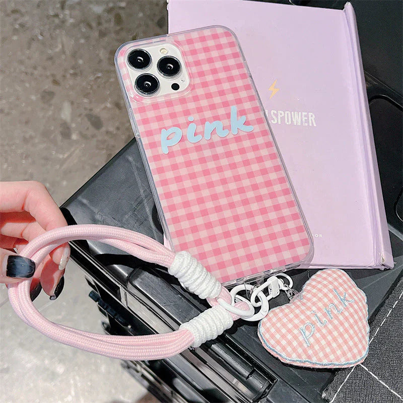 Cute Checkered Case with Heart Strap - Pink
